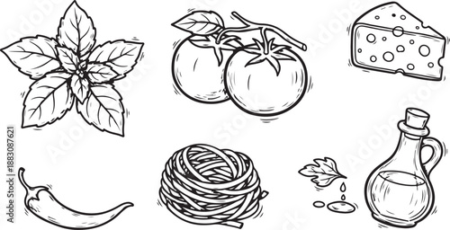 Italian food dishes and charcuterie in hand drawn whimsical style. Sketch chalk doodles of breakfast and dinner meals. Crayon drawing for menus and invitations.