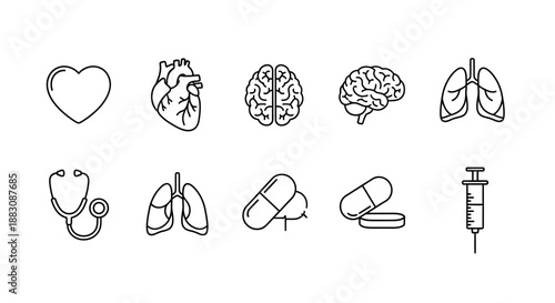 Medical Icons: Heart, Brain, Lungs, Stethoscope, Pills, Syringe - Vector Set