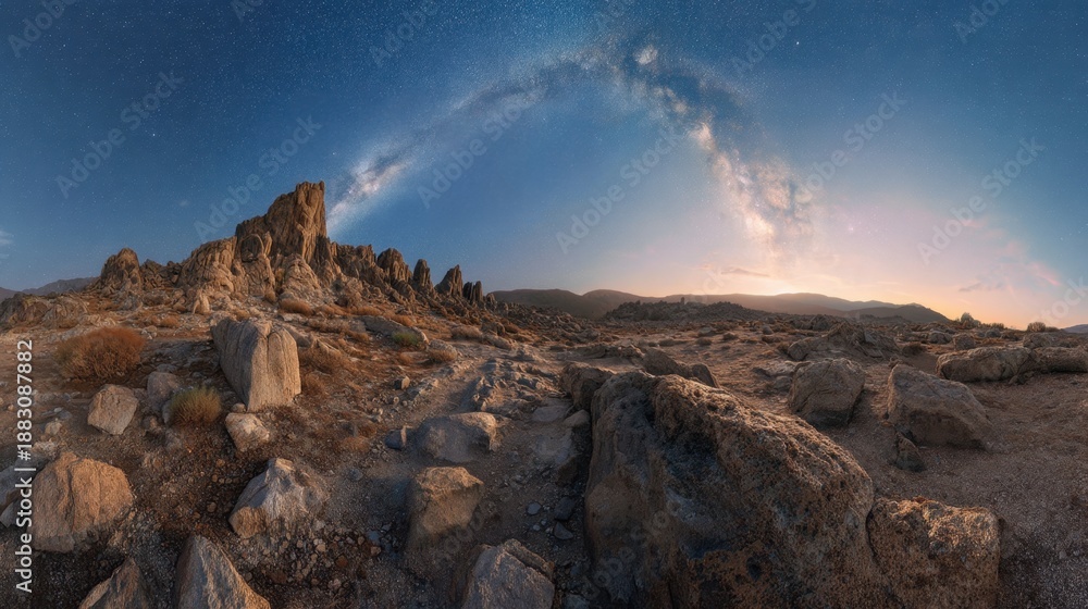 Obraz premium Milky Way arc over desert landscape at night. Starry sky above rocky mountains with glowing galactic core. Astronomy and nature concept.