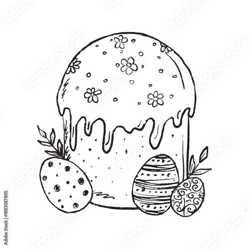 Hand drawn easter cake with decorated eggs as design for Easter greeting cards, invitation templates. Vector sketch illustration in vintage crayon charcoal style.