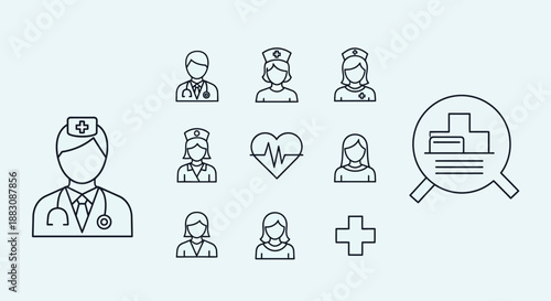 Medical Icons Set: Doctors, Nurses, Heartbeat, Magnifying Glass, Health Care