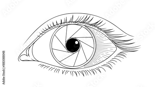 Single line cyber eye with camera shutter iris digital surveillance vision concept