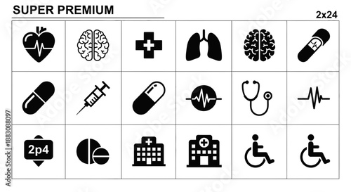 Medical Icons Set: Heart, Brain, Lungs, Stethoscope, Hospital, Syringe, Pills, ECG