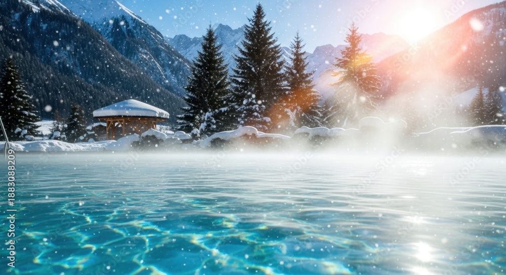 Fototapeta premium Winter Thermal Retreat: Experience the contrast of a hot, steaming pool against the backdrop of snow-covered mountains and serene winter landscape.