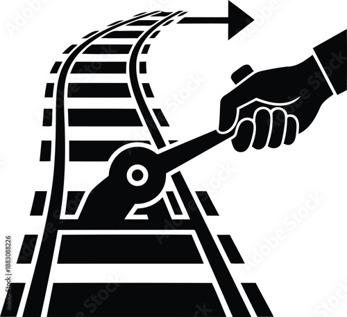 Hand adjusting railroad switch isolated on white background, Vector