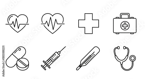 Medical Icons Set: Heartbeat, Cross, First Aid Kit, Stethoscope, Syringe, Thermometer