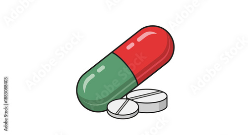 Red and green capsule with two white pills on white background