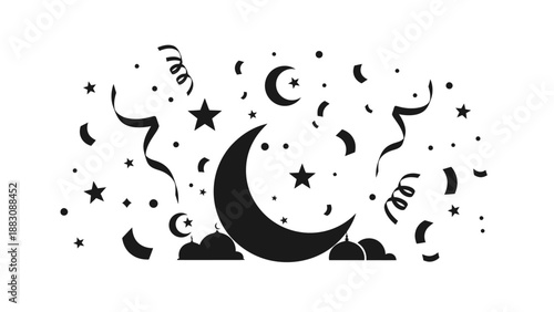 Islamic celebration background with crescent moon, stars, and confetti.