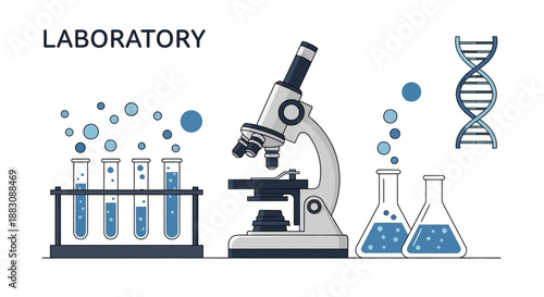 Scientific Laboratory Equipment: Microscope, Test Tubes, DNA Helix, Flasks