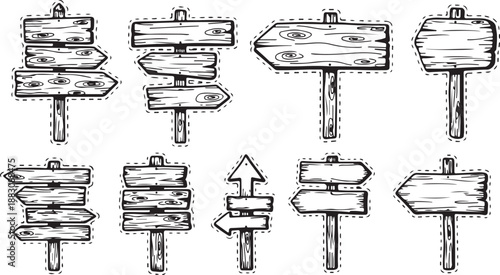 Set of wooden arrows. Hand drawn vector illustration. Isolated on white background