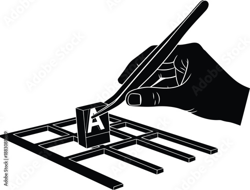 Hand assembling frame with letter a isolated on white background, Vector