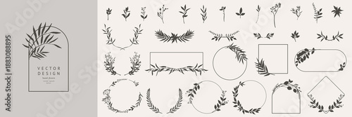 Collection of floral frames with silhouettes of branches, leaves and flowers. Hand drawn elegant delicate botanical borders and wreaths. Vector isolated elements for wedding invitation, card, logo
