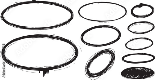 Set of Doodle Lines Circles. Highlight oval frames, marker arrows, hand drawn underlines lines. Hand drawn scribble doodle circle set. Ovals and ellipses line template.
