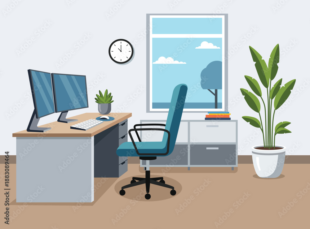 Fototapeta premium home office workspace featuring dual monitors, ergonomic chair, desk plants, and a window view. Ideal for remote work, productivity, and interior design themes.