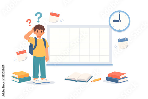 Confused student ponders an empty schedule, grappling with academic planning and time management, feeling overwhelmed by school tasks and the need for a clear routine