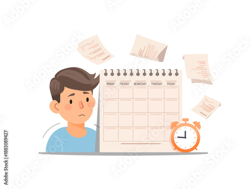 Stressed student overwhelmed by deadlines and approaching time limits shown with a calendar and alarm clock illustration