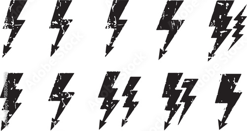 Dynamic handdrawn lightning bolt and thunder energy symbols with a rough textured effect for rock music event promotions, powerful branding, and impactful graphic design