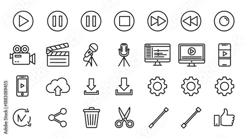 Collection of Simple Black Icons Representing Media and Tools.