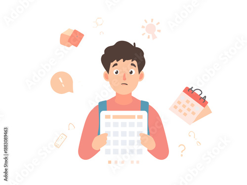 Young man looking stressed while holding a calendar and surrounded by task icons, indicating time management struggles and feeling overwhelmed by daily responsibilities