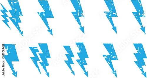 Dynamic handdrawn lightning bolt and thunder energy symbols with a rough textured effect for rock music event promotions, powerful branding, and impactful graphic design