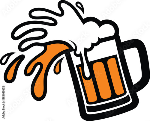 PrintCartoon illustration of a beer mug splashing overflowing drink and foam