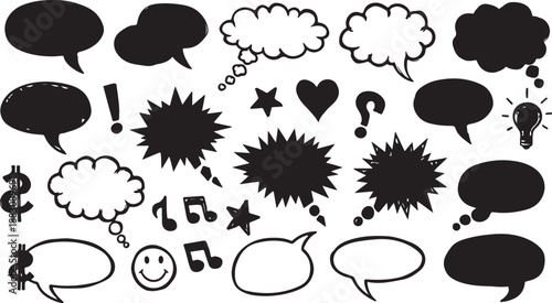 Set of Empty Speech Bubbles and Thought Bubbles in Black and White