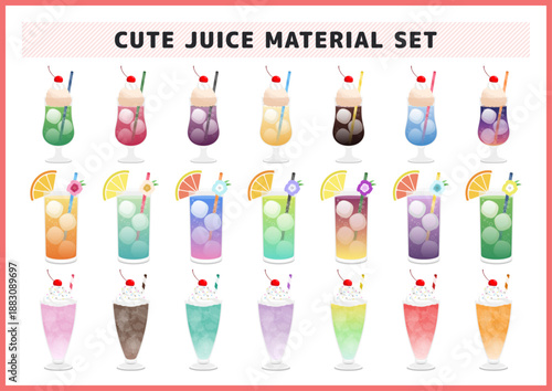 ハワイアンなトロピカルなジュースやカラフルで可愛らしいアイスフロートのイラスト素材セット