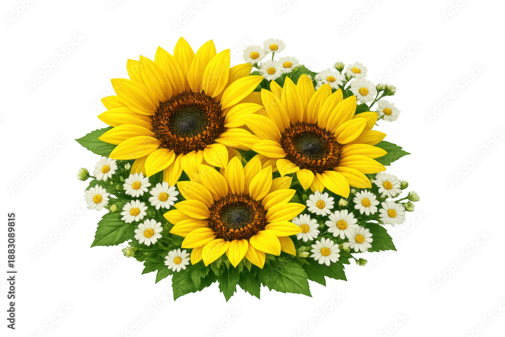 Fototapeta premium Warm sunflower bouquet with white daisies, green leaves, and buds, celebrating summer vibrancy and nature's beauty on transparent background