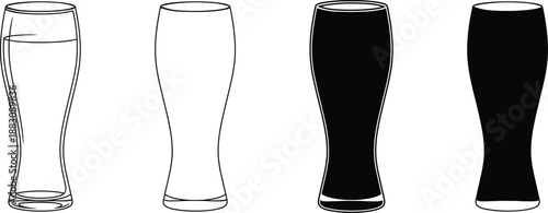 Pilsner beer glass icons set outline and silhouette vector illustration