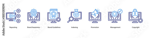 Brand and Index Strategy web banner vector illustration featuring Reposting, Brand Awareness, Brand Guidelines, Indexing, Promotion, Management, and Copyright.
