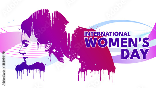 International women's day, vector illustration of woman silhouette with artistic purple paint drips