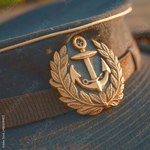 Close-up detail of a weathered brass naval anchor insignia adorning a dark military cap