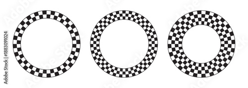 Collection of round frames with black and white checkered print. Vignettes for picture or photo with race flag or chessboard pattern. Circular geometric frameworks. Vector graphic illistration
