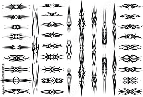 Collection of symmetrical black tribal tattoo ornaments and decorative border elements for body art design.