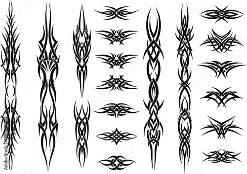 Large set of intricate black tribal tattoo designs and vertical decorative patterns for artistic body modification.
