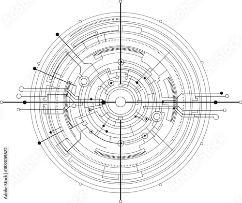 Technical Circular Blueprint and HUD Interface Element, Detailed Mechanical Engineering Diagram Vector on White Background.