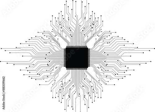 Minimalist Circuit Board Pattern with Central Microprocessor Chip, Vector Line Art Illustration of Computer Hardware and CPU Technology.