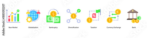 Global Economy and Risk web banner vector illustration featuring Globalization, Bankruptcy, Diversification, Taxation, Currency Exchange, Bank, and Recovery.