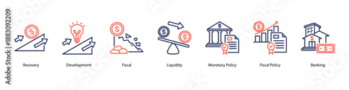 Financial Regulation and Strategy web banner vector illustration featuring Development, Fiscal, Liquidity, Monetary Policy, Fiscal Policy, Banking, and Bear Market.