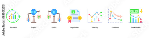 Economic Performance and Metrics web banner vector illustration featuring Surplus, Deficit, Regulation, Volatility, Economic, Stock Market, and Economic Crisis.