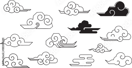 Chinese style clouds. Traditional korean clouds. Flat chinese or japanese red cloud silhouettes, decorative asian festival elements, oriental graphic