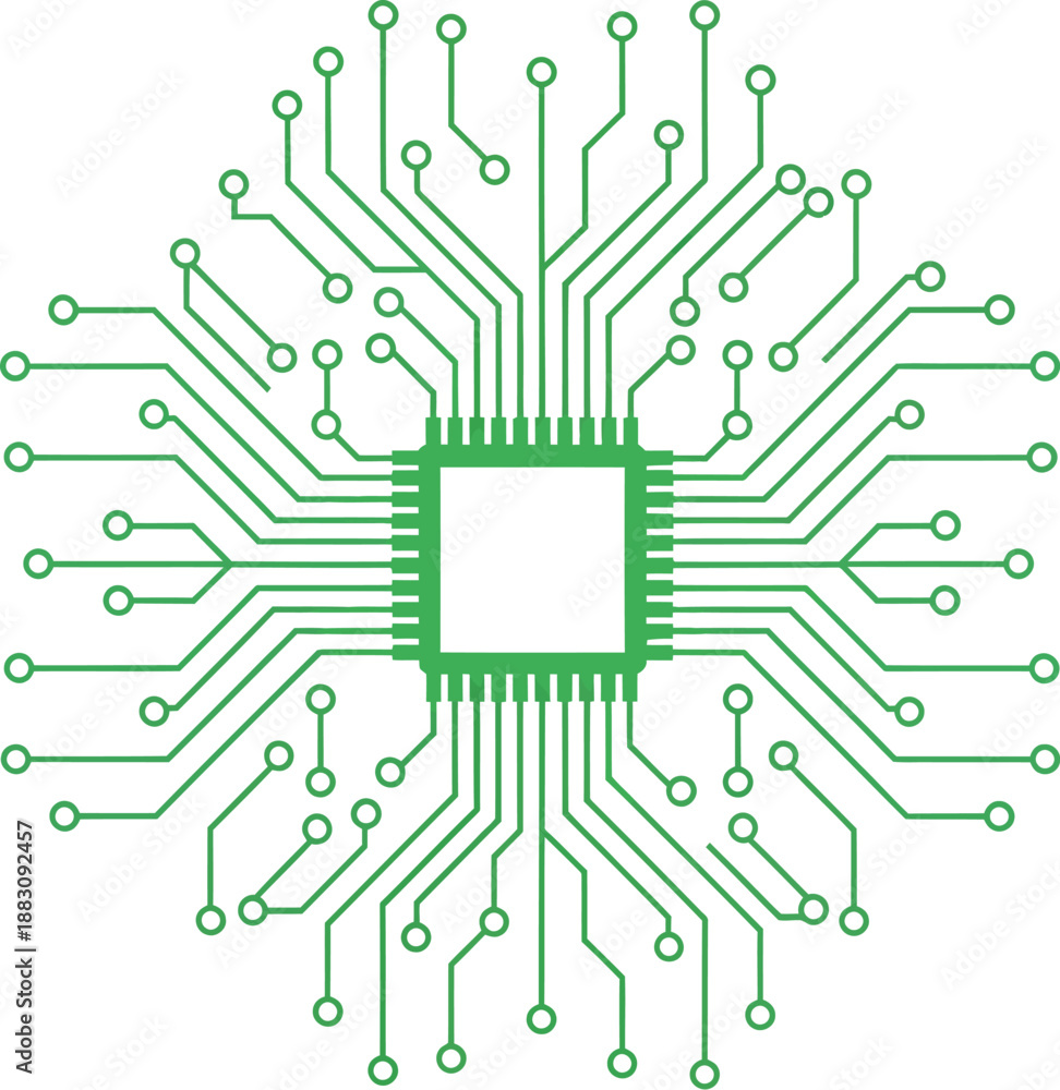 Fototapeta premium Sustainable green technology concept featuring a central microchip with intricate green circuit board patterns.