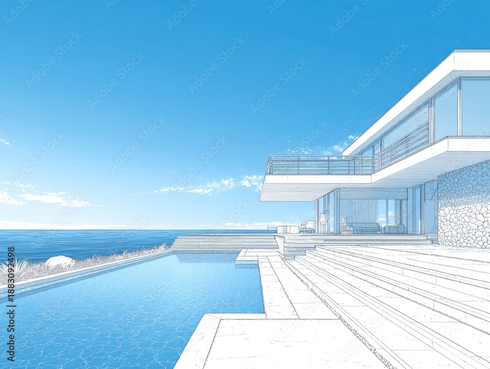Fototapeta premium Coastal modern house sketch with a pool, ocean view, and clear sky