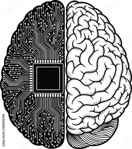Brain illustration with one half as organic tissue and the other as a digital circuit board with a central chip core.