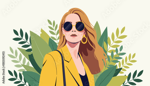 Stylish fashion vector illustration of person in yellow blazer black top sunglasses with green leaves background in modern design