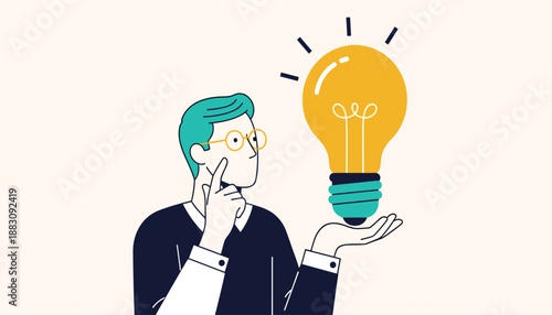 Creative vector illustration of person with teal hair bulb holding glowing light bulb symbolizing inspiration and bright ideas