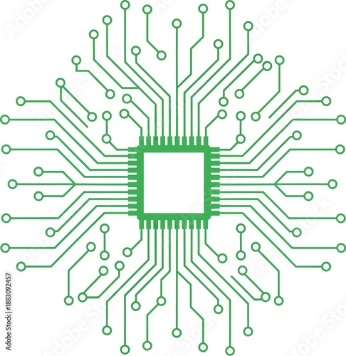 Sustainable green technology concept featuring a central microchip with intricate green circuit board patterns.