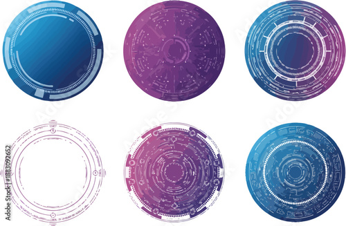 High-tech digital circle interface set with purple and blue gradients, futuristic hologram HUD elements for gaming and data display designs.