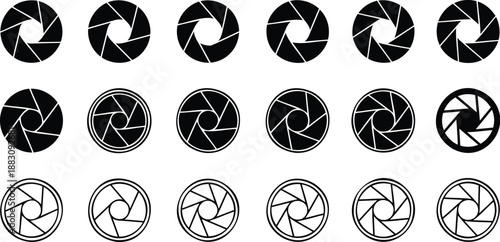 Photography camera aperture and shutter speed icon set, black and white lens diaphragm symbols for professional photo and video graphic design.