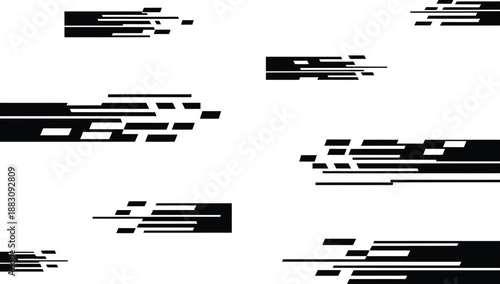Digital glitch distortion elements and speed line strips, black geometric abstract patterns for modern graphic design and tech aesthetics.